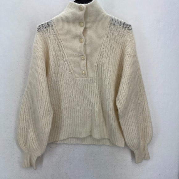 Sézane Kid Mohair Wool Sweater M Cream Textured Knit Button‎ Neck Balloon Sleeve - Picture 1 of 11